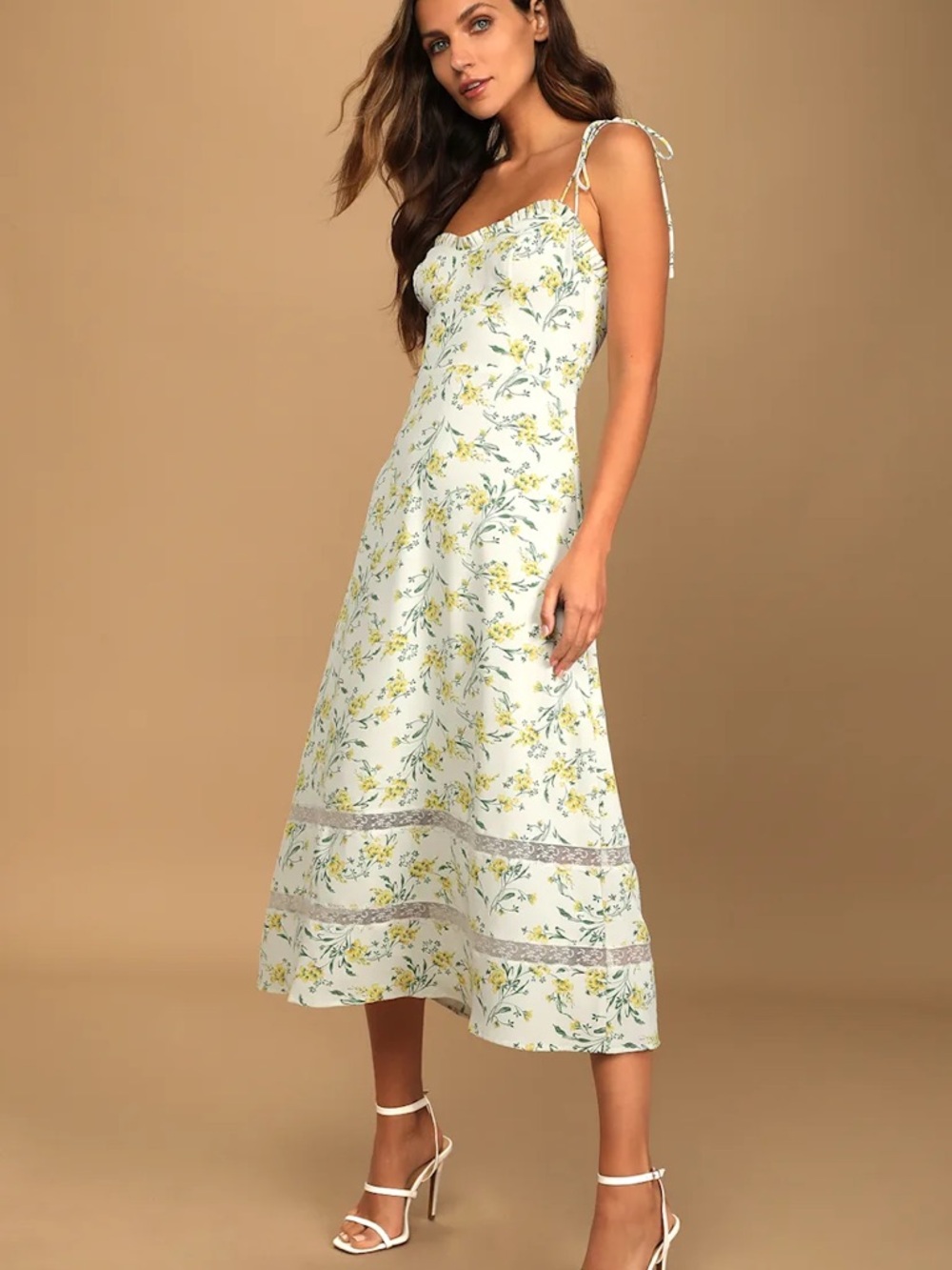 Lulu's White Floral Tie-Shoulder Midi Dress with Yellow Blooms
